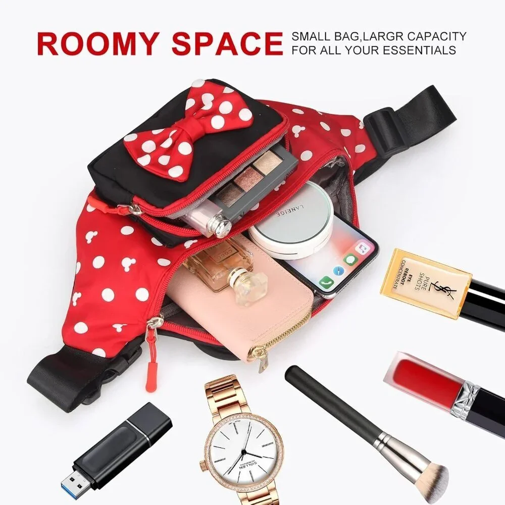 Women's Red Waist Pack Teen Girls Mini Mouse Belt Bag Cartoon Fanny Packs